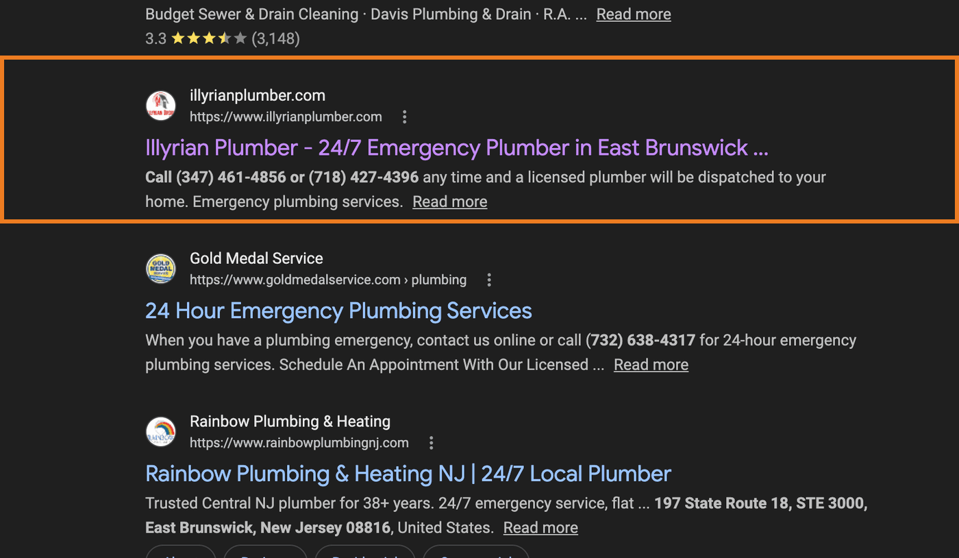 Illyrian Plumber ranking on page 1 for 24 hour plumber East Brunswick NJ