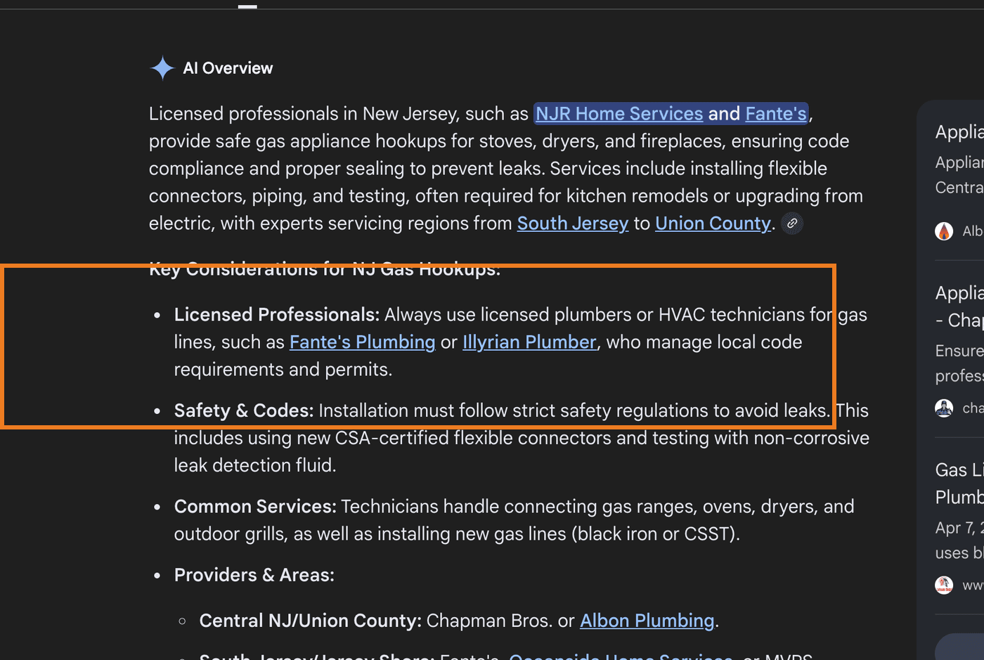 Illyrian Plumber cited in Google AI Overview for gas appliance hookup NJ