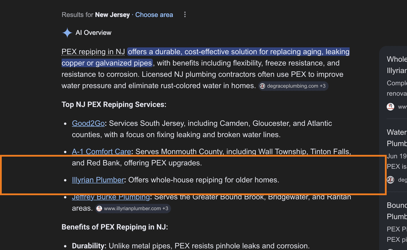 Illyrian Plumber cited in Google AI Overview for PEX repiping NJ