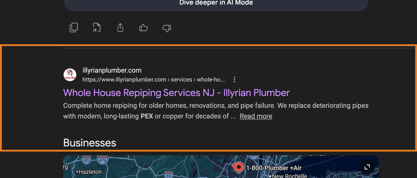 Illyrian Plumber ranking #1 organic on Google for PEX repiping NJ