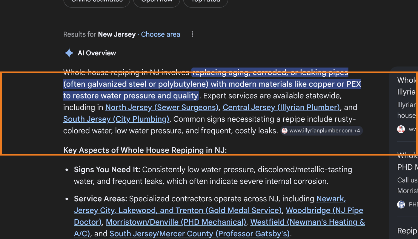Illyrian Plumber cited as a NJ specialist in Google AI Overview for whole house repiping